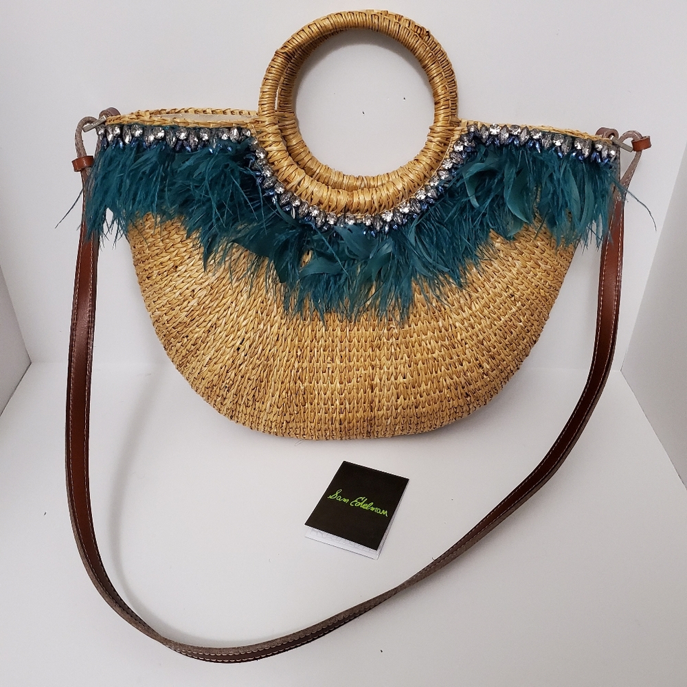 Sam Edelman Eliya straw bag feathers rhinestones